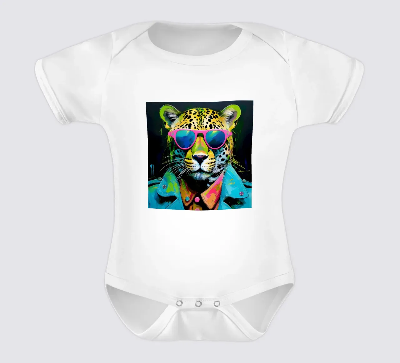 Leopard Pop Art con occhiali da sole in colori neon body neonato maniche corte da Take Your Art BV