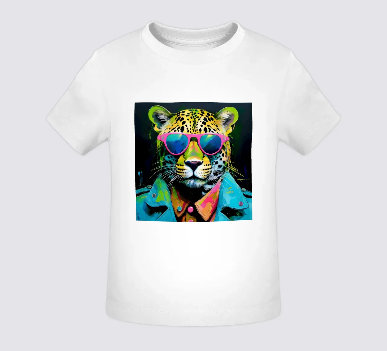 Leopard Pop Art con occhiali da sole in colori neon maglietta neonato da Take Your Art BV