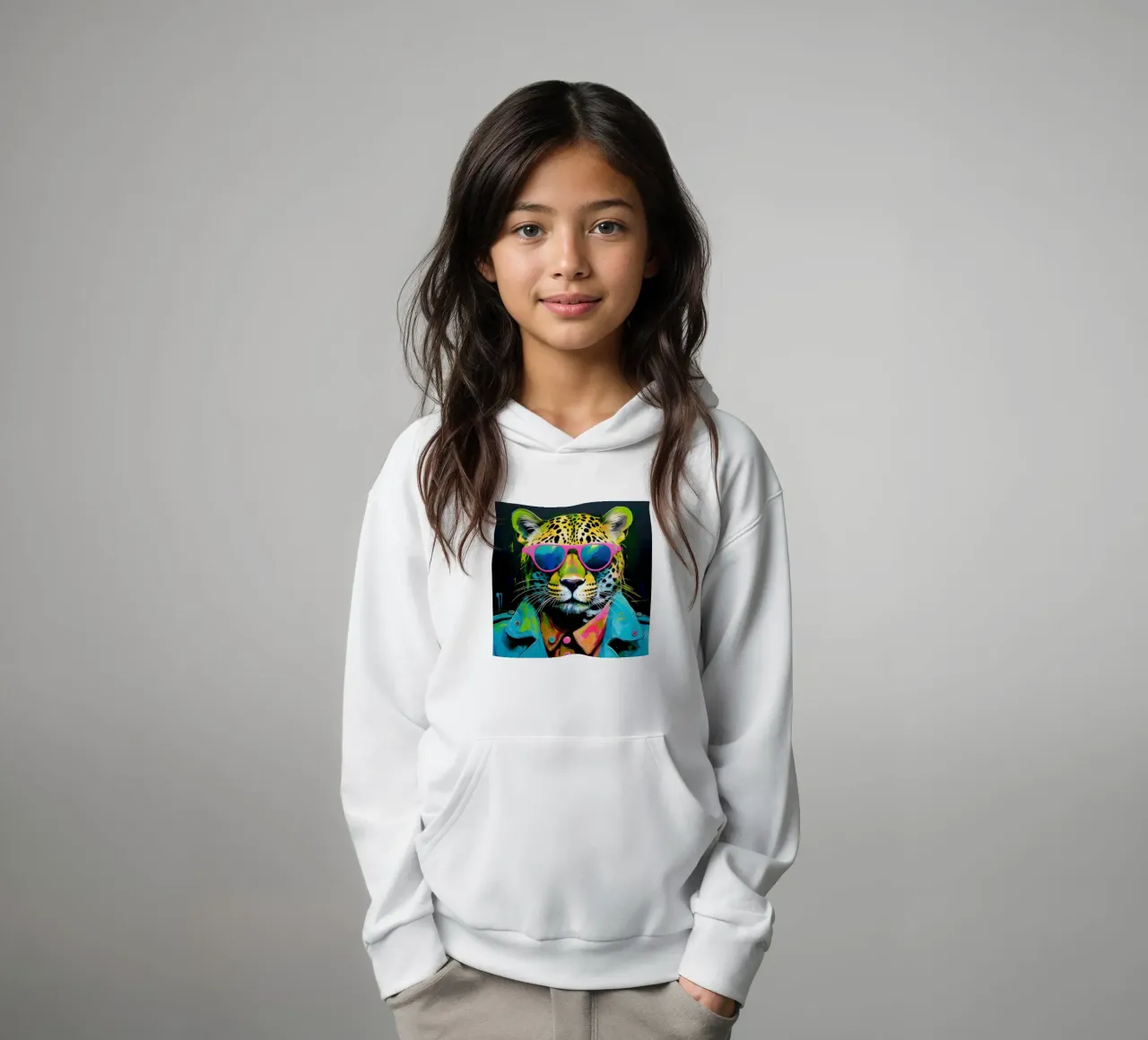 Leopard Pop Art con occhiali da sole in colori neon felpa bambino con cappuccio da Take Your Art BV