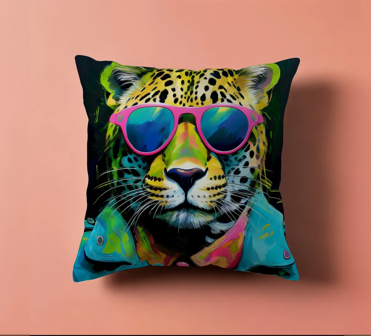 Leopard Pop Art con occhiali da sole in colori neon cuscino da Take Your Art BV