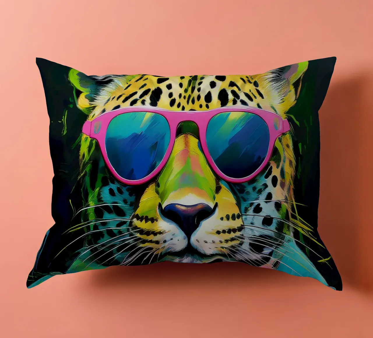 Leopard Pop Art con occhiali da sole in colori neon cuscino da Take Your Art BV