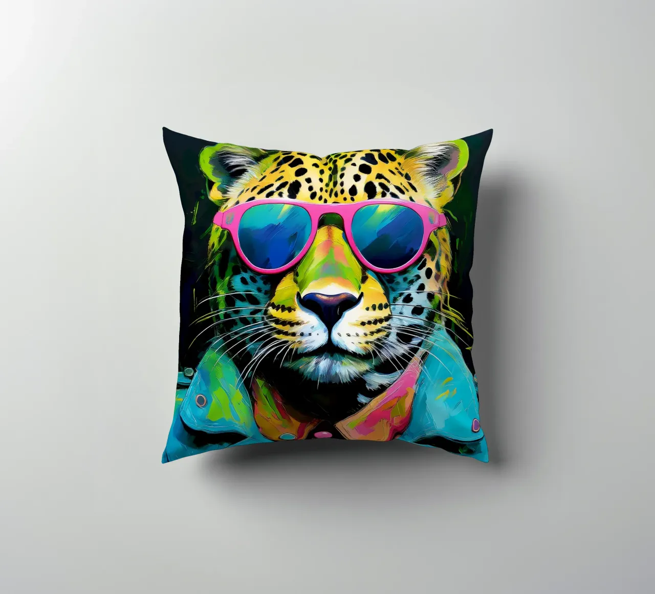Leopard Pop Art con occhiali da sole in colori neon cuscino da Take Your Art BV