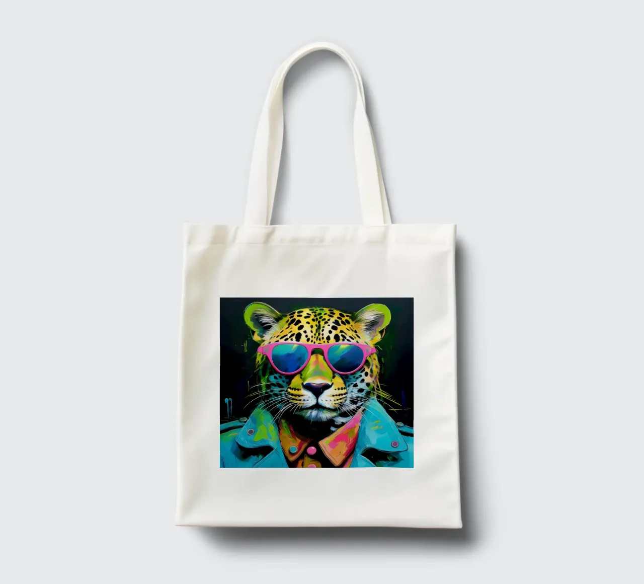 Leopard Pop Art con occhiali da sole in colori neon borsa in juta da Take Your Art BV