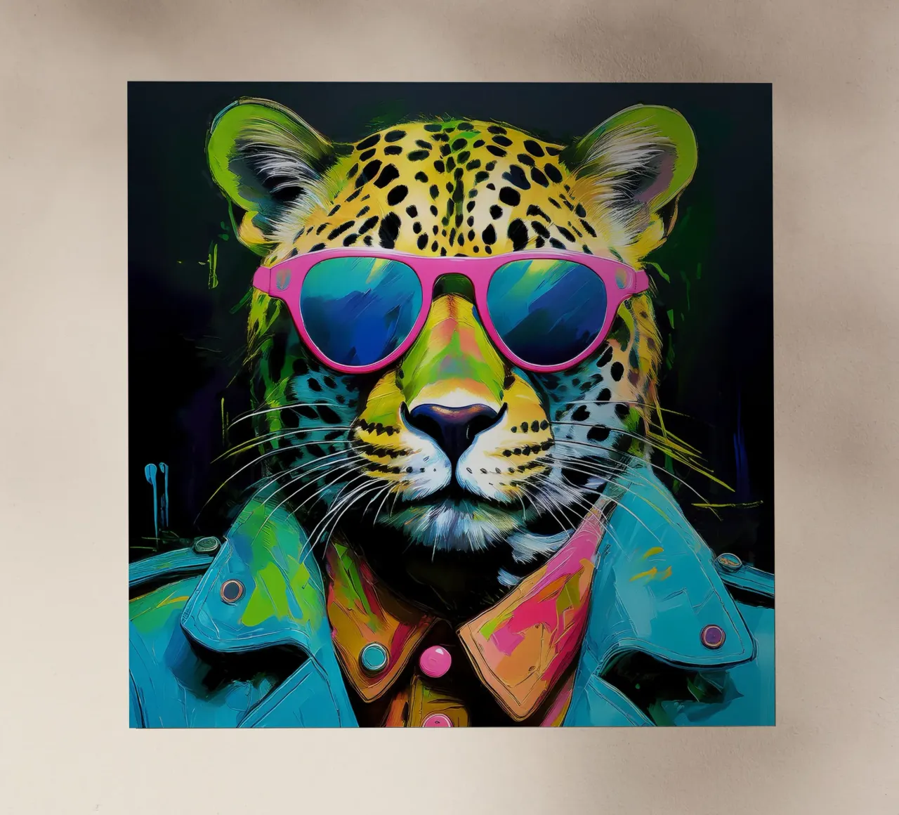 Leopard Pop Art con occhiali da sole in colori neon pellicola backlit da Take Your Art BV