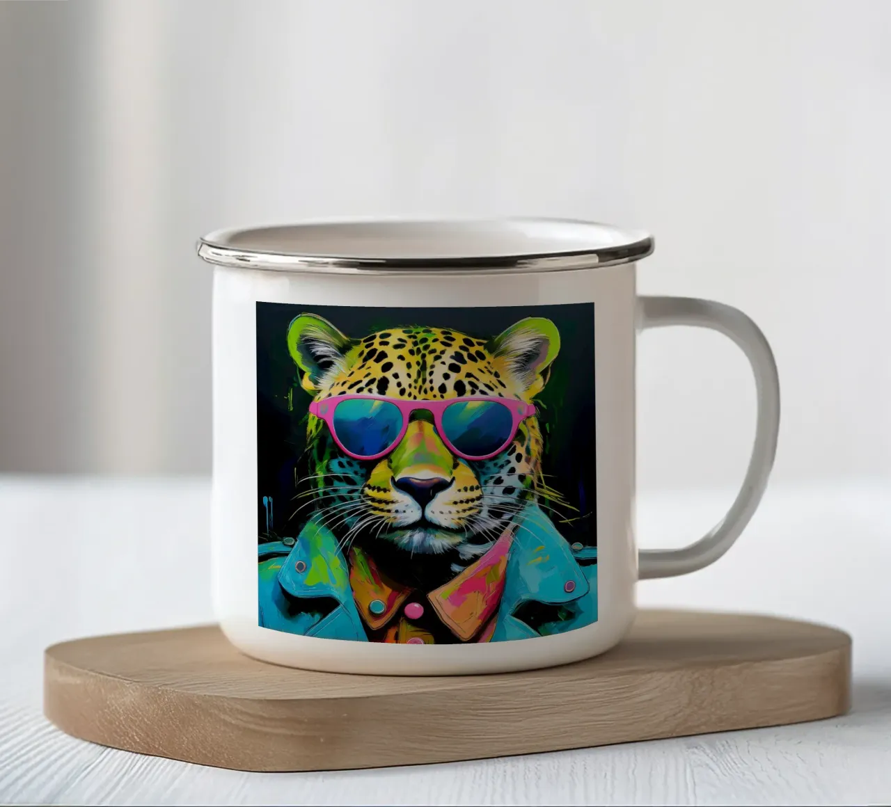 Leopard Pop Art con occhiali da sole in colori neon tazza in smalto da Take Your Art BV