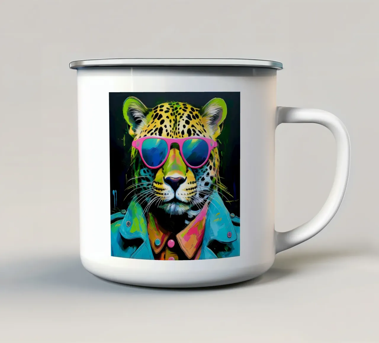 Leopard Pop Art con occhiali da sole in colori neon tazza in smalto da Take Your Art BV