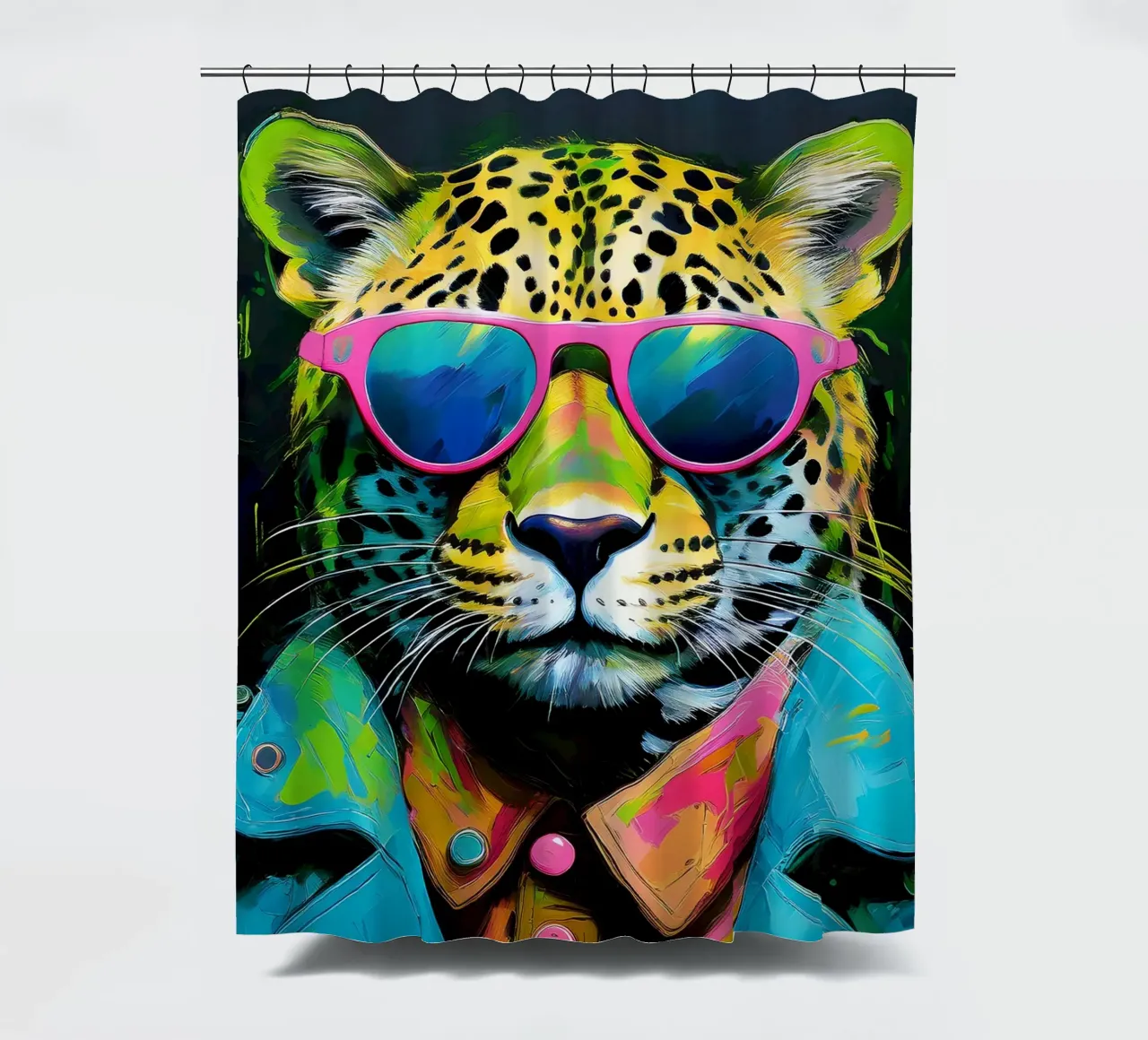 Leopard Pop Art con occhiali da sole in colori neon tenda da doccia da Take Your Art BV
