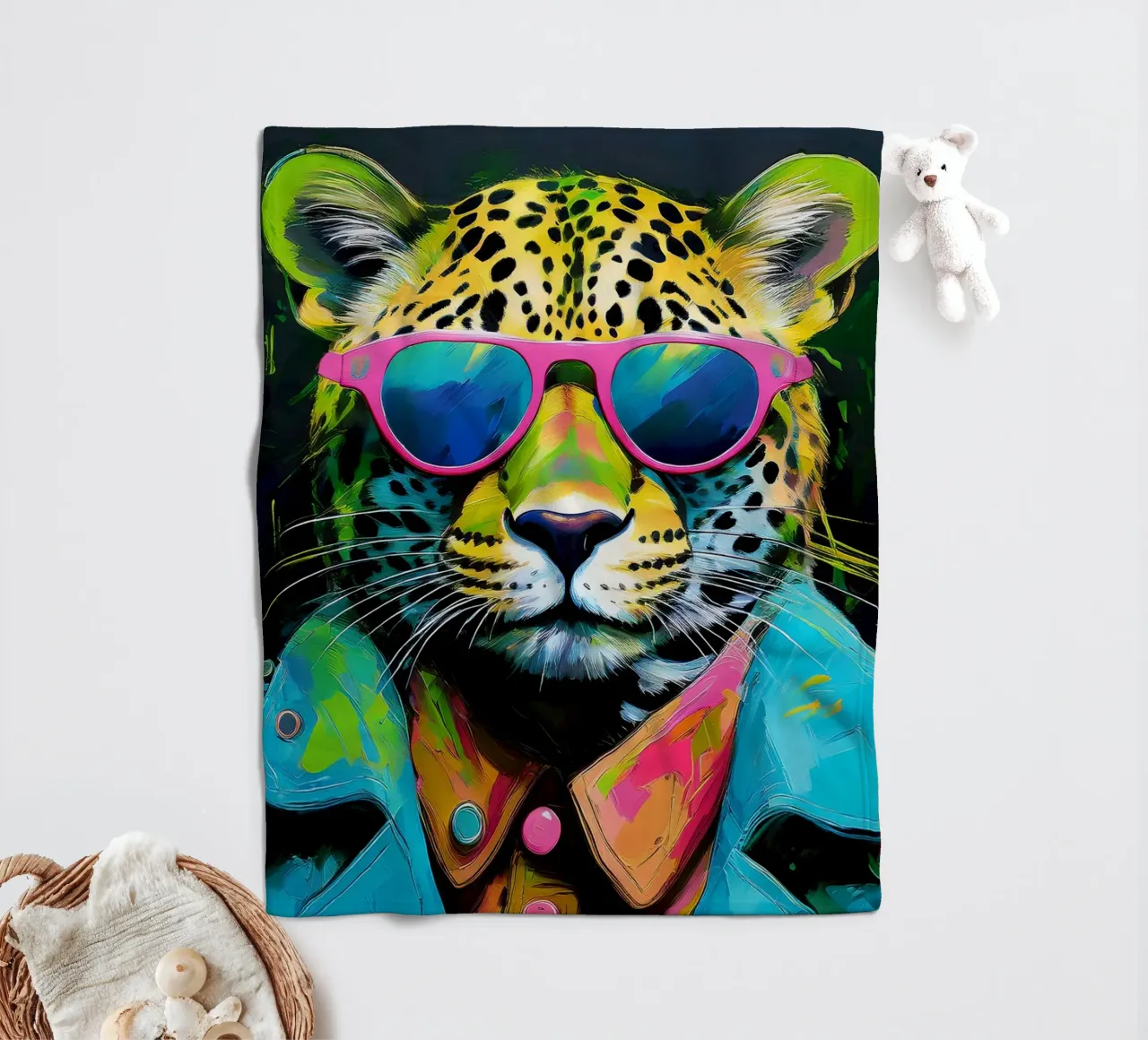 Leopard Pop Art con occhiali da sole in colori neon coperta in pile da Take Your Art BV