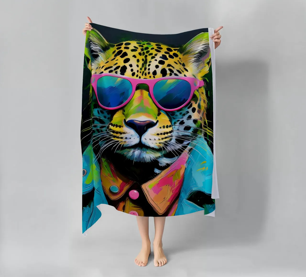 Leopard Pop Art con occhiali da sole in colori neon telo mare da Take Your Art BV