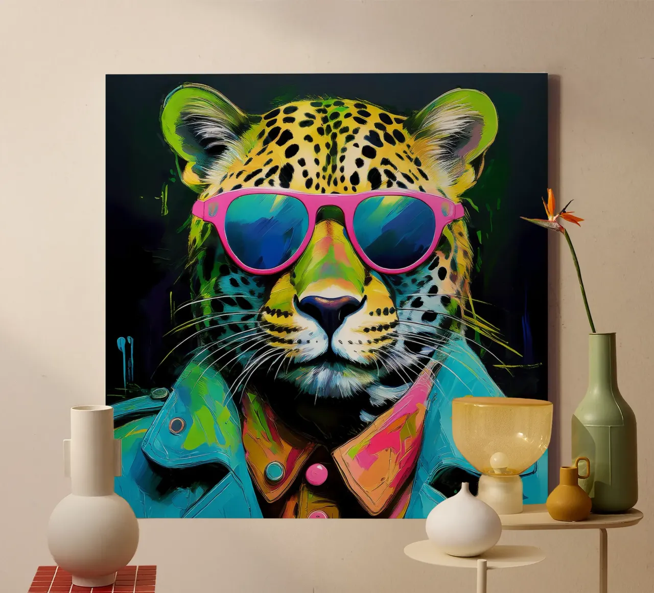 Leopard Pop Art con occhiali da sole in colori neon tela da Take Your Art BV