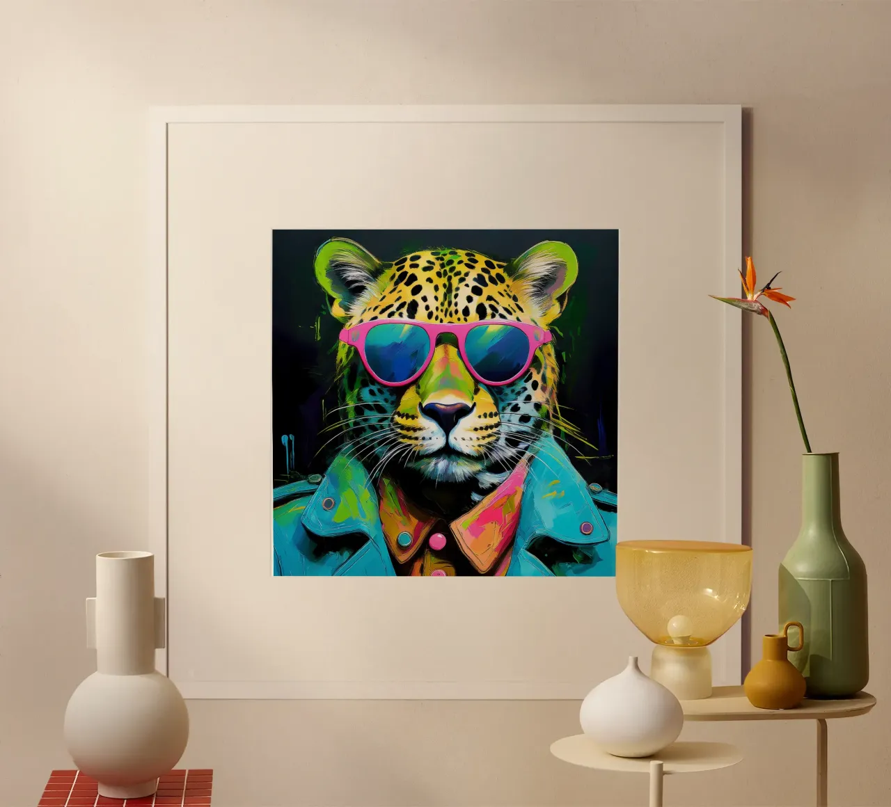 Leopard Pop Art con occhiali da sole in colori neon poster con telaio in alluminio da Take Your Art BV