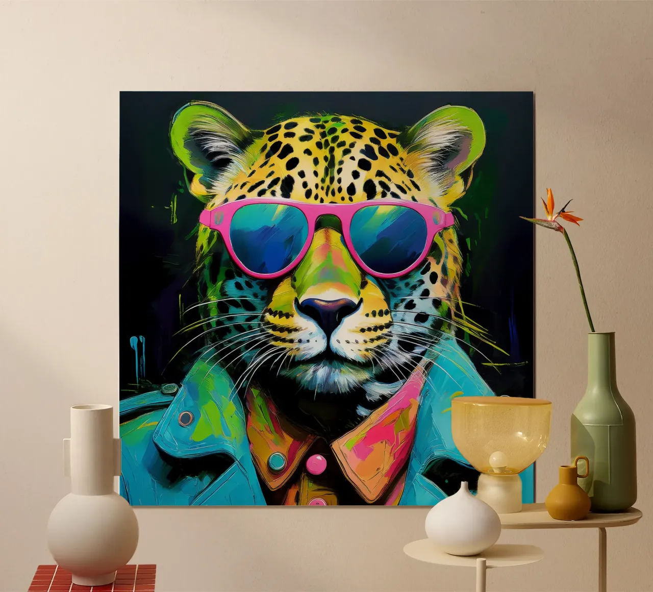 Leopard Pop Art con occhiali da sole in colori neon poster con telaio in alluminio da Take Your Art BV