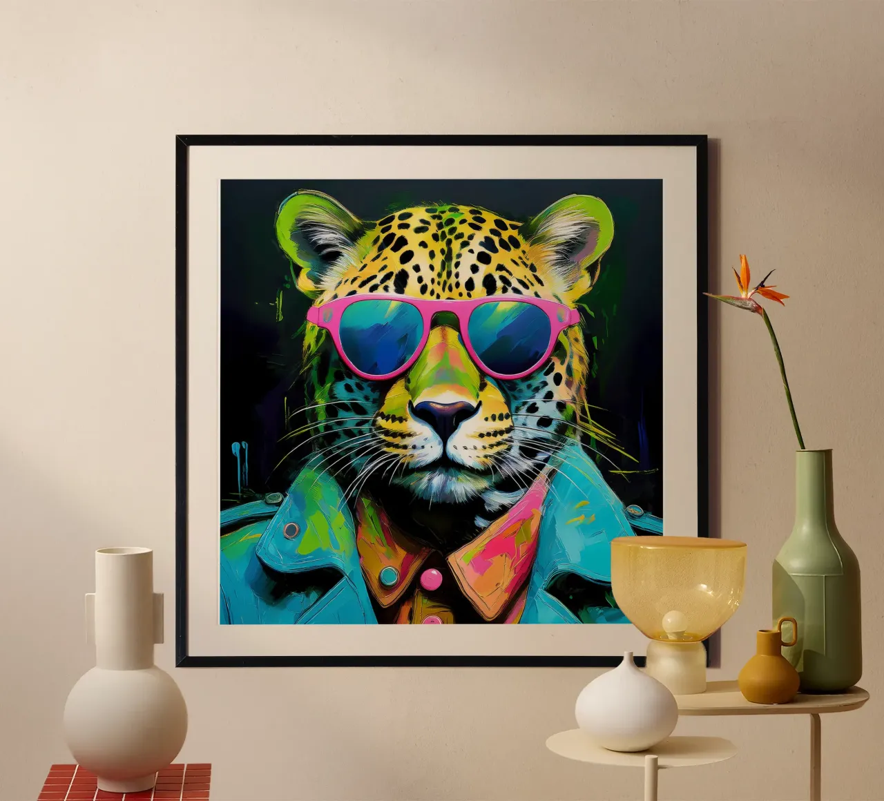 Leopard Pop Art con occhiali da sole in colori neon poster con telaio in alluminio da Take Your Art BV