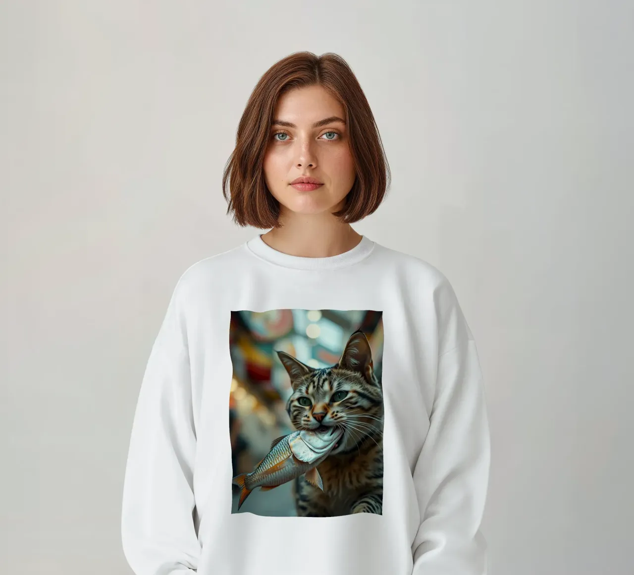 Un gato lleva con orgullo un pescado por un concurrido mercado sudadera de DesignDoodle