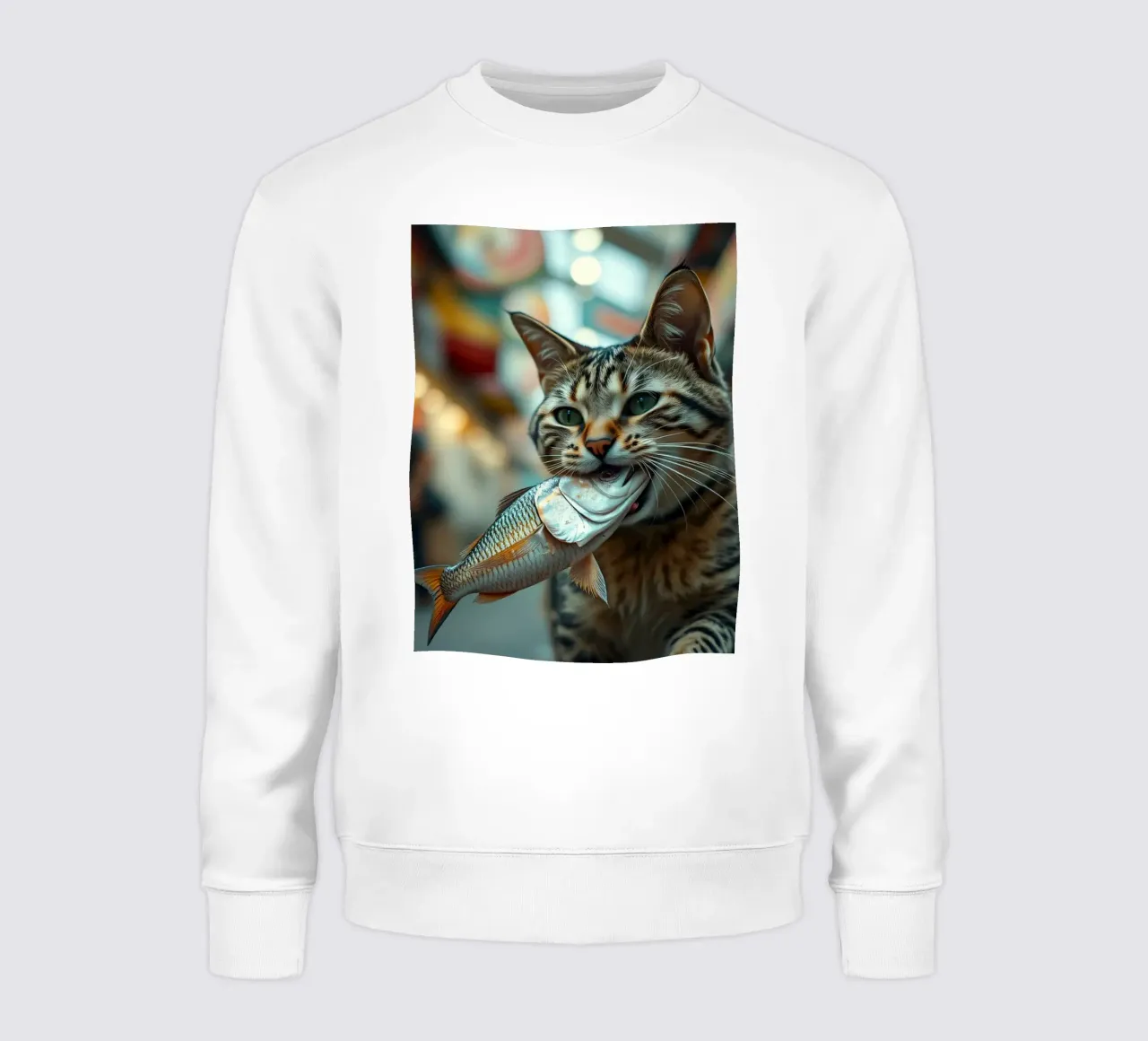 Un gato lleva con orgullo un pescado por un concurrido mercado sudadera de DesignDoodle