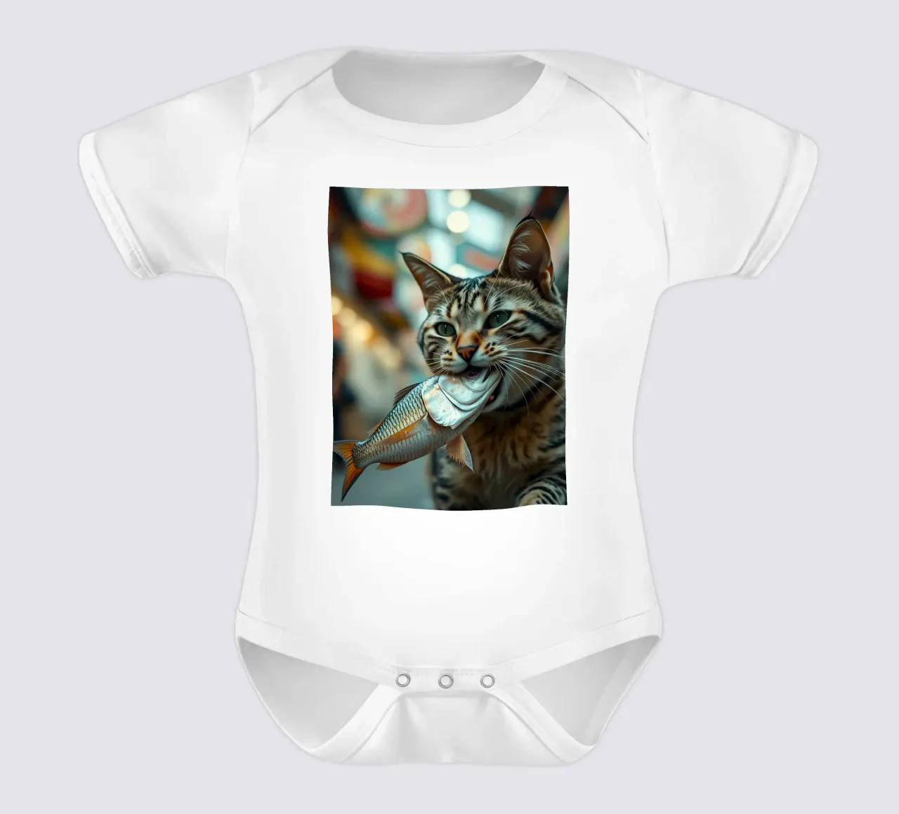 Un gatto trasporta con orgoglio un pesce in un mercato affollato body neonato maniche corte da DesignDoodle