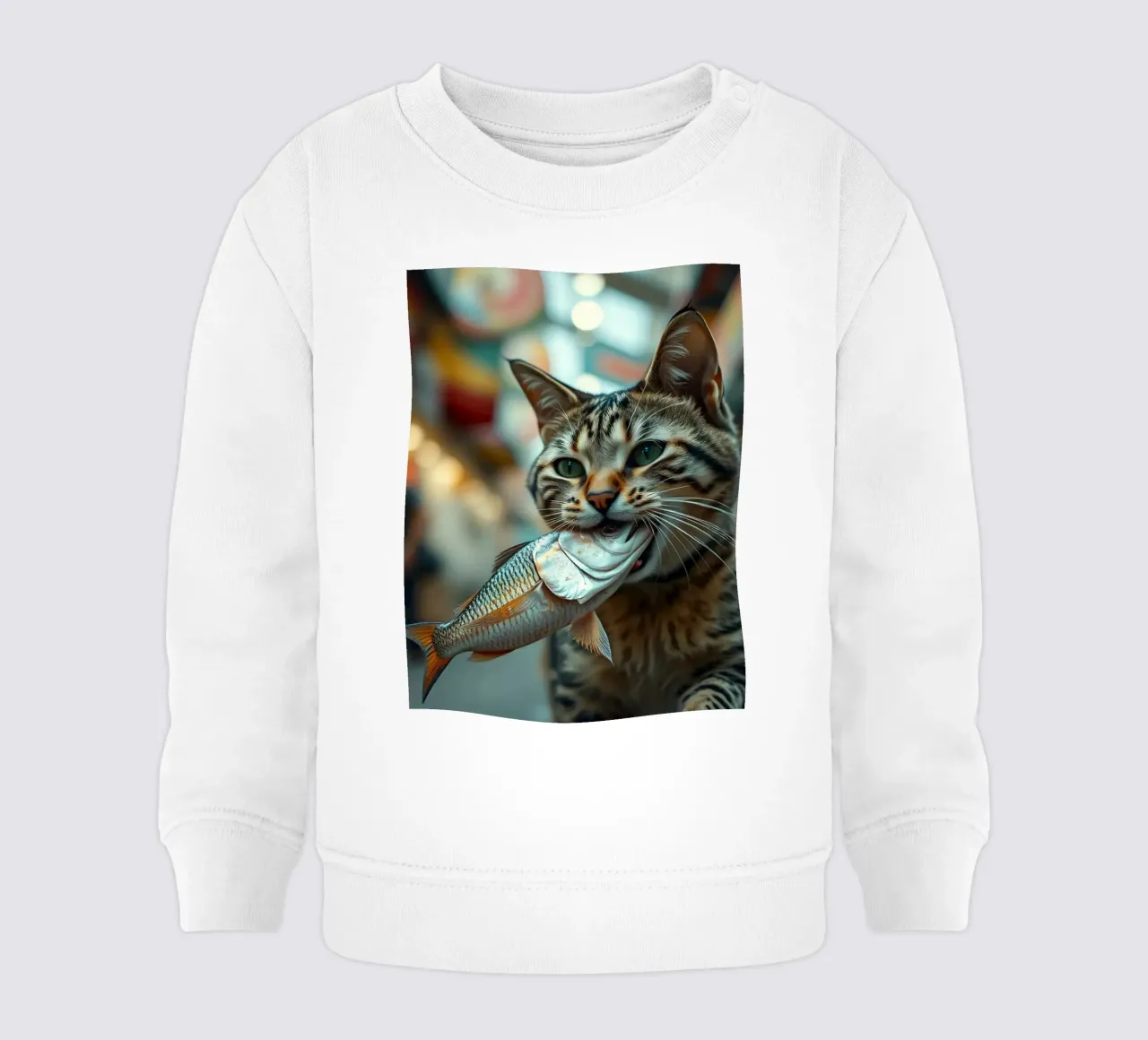 Un gatto trasporta con orgoglio un pesce in un mercato affollato felpa neonato da DesignDoodle