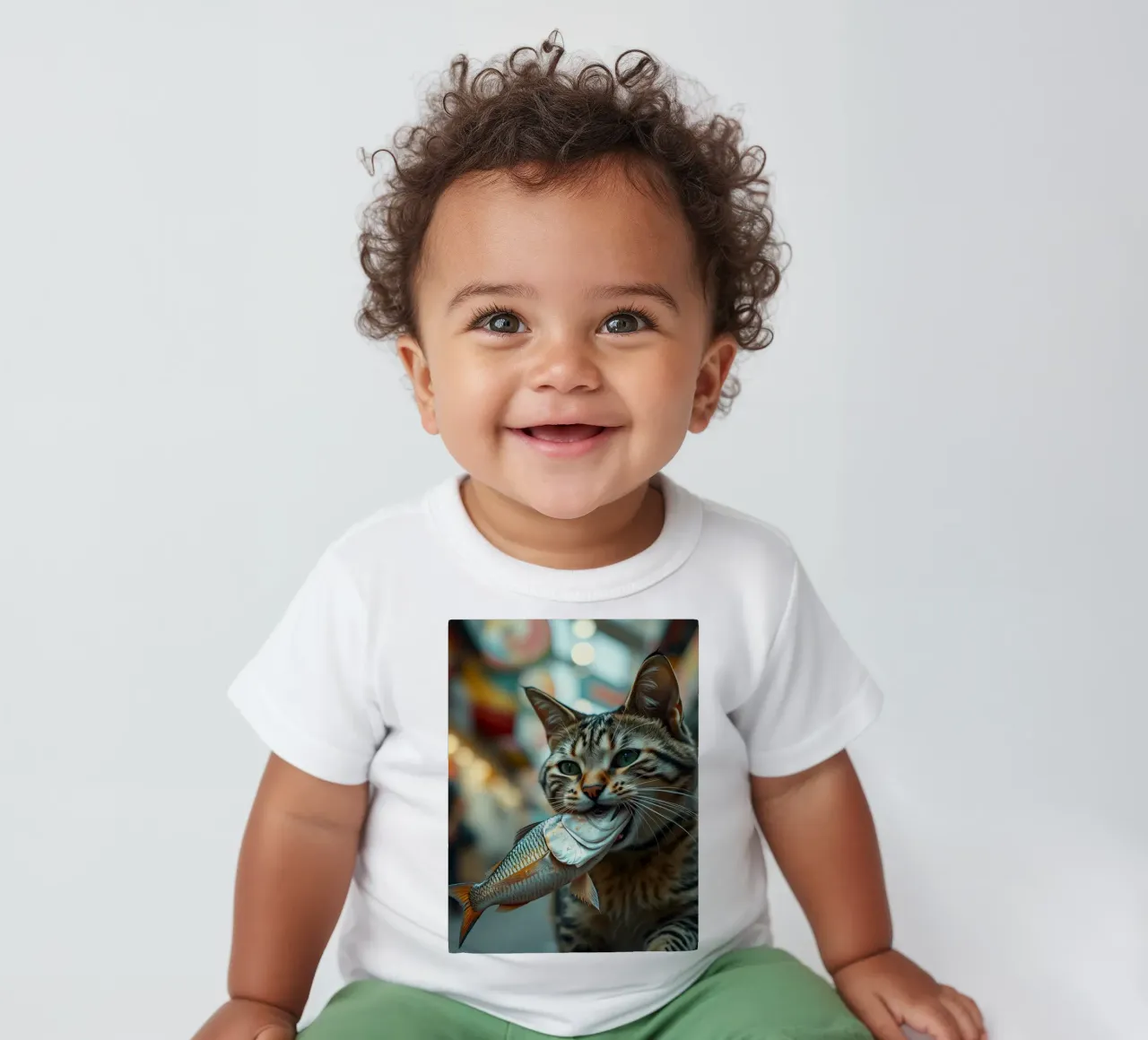 Un gatto trasporta con orgoglio un pesce in un mercato affollato maglietta neonato da DesignDoodle