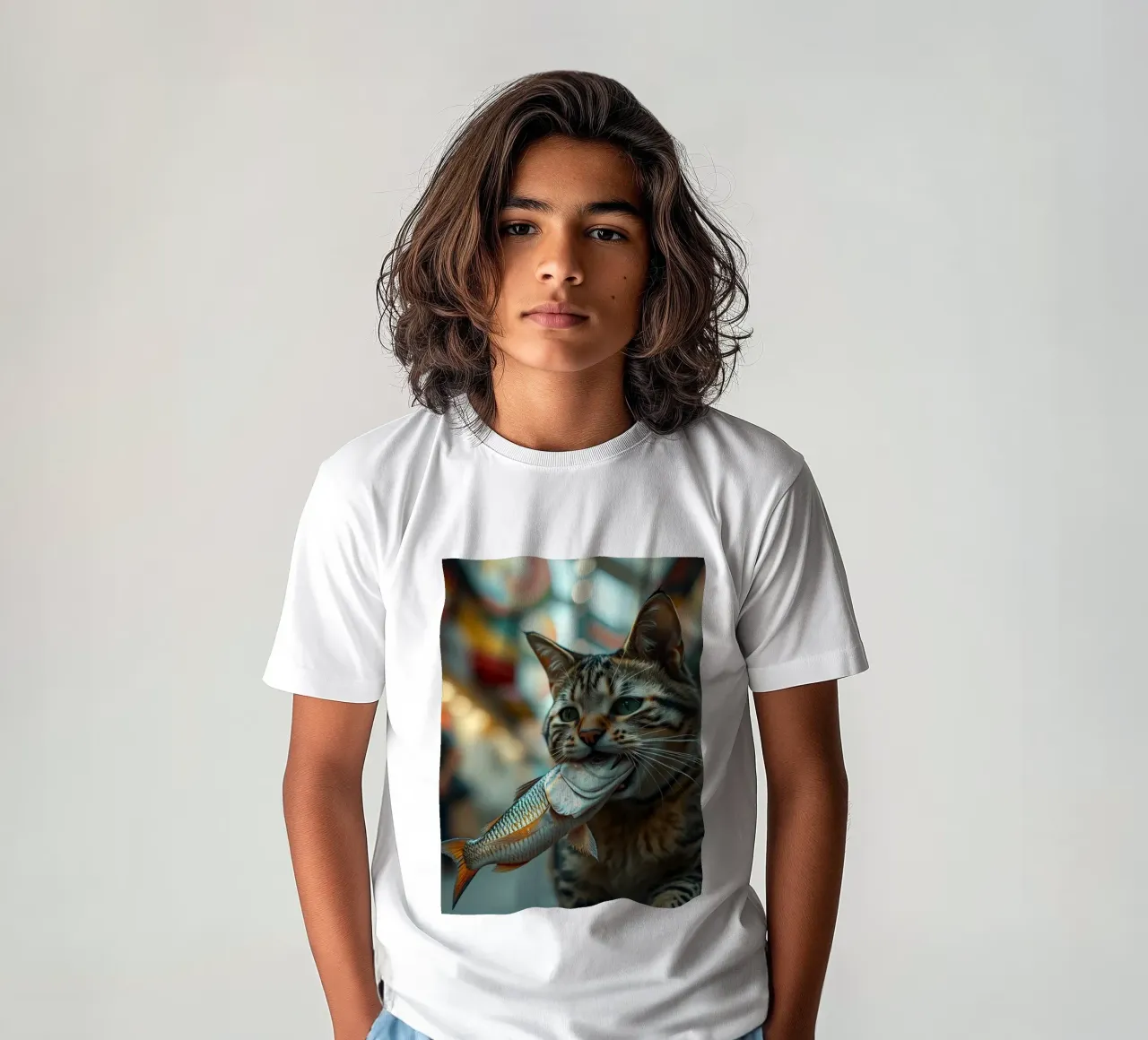 Un gatto trasporta con orgoglio un pesce in un mercato affollato t-shirt bambini da DesignDoodle