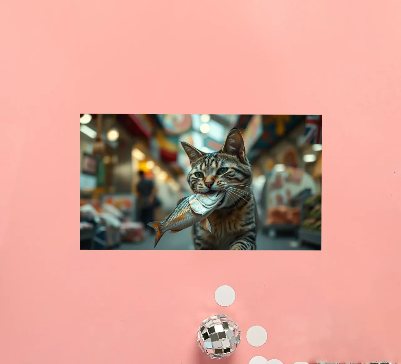 Un gatto trasporta con orgoglio un pesce in un mercato affollato adesivo da DesignDoodle
