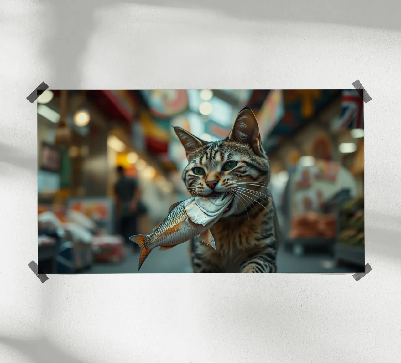Un gatto trasporta con orgoglio un pesce in un mercato affollato carta hahnemühle da DesignDoodle