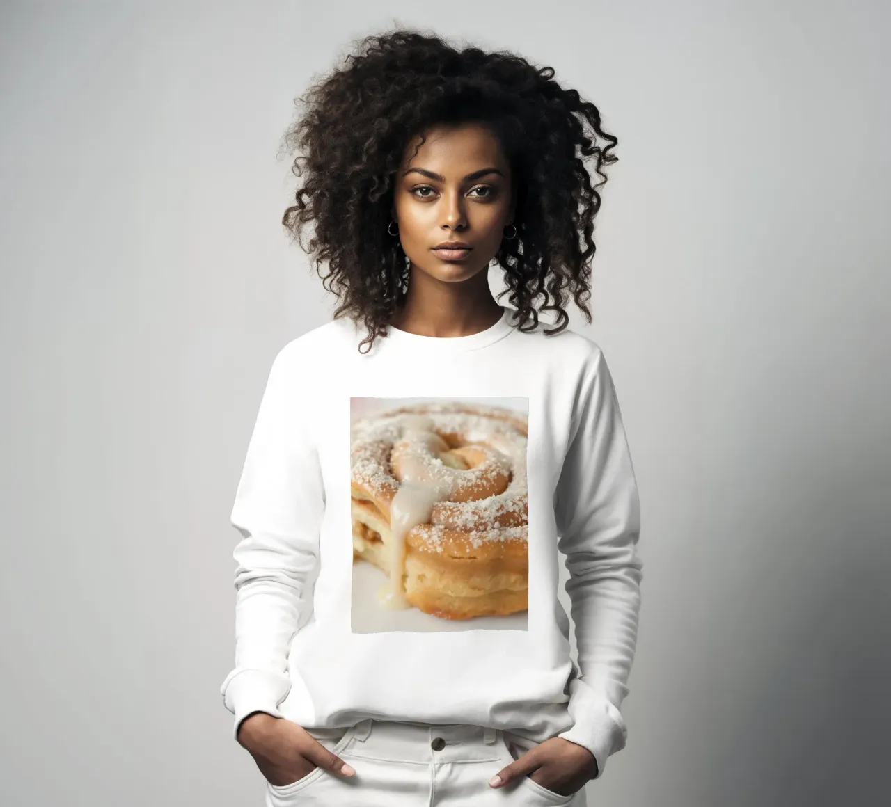 Warm cinnamon roll with cream icing and powdered sugar on a sweatshirt by DesignDoodle