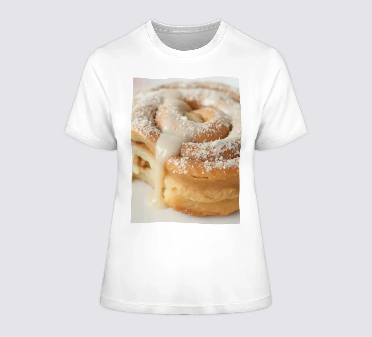 Warm cinnamon roll with cream icing and powdered sugar on a women's fitted t-shirt by DesignDoodle