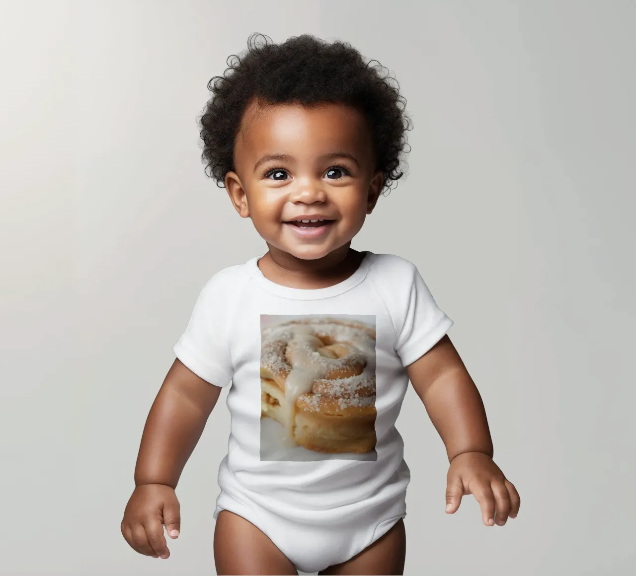 Warm cinnamon roll with cream icing and powdered sugar on a short-sleeve baby romper by DesignDoodle