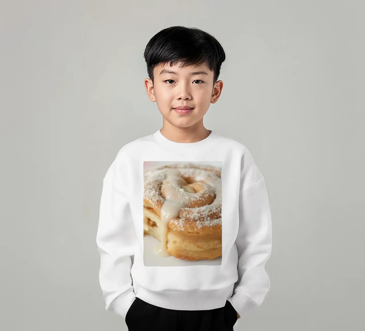 Warm cinnamon roll with cream icing and powdered sugar on a kids sweatshirt by DesignDoodle