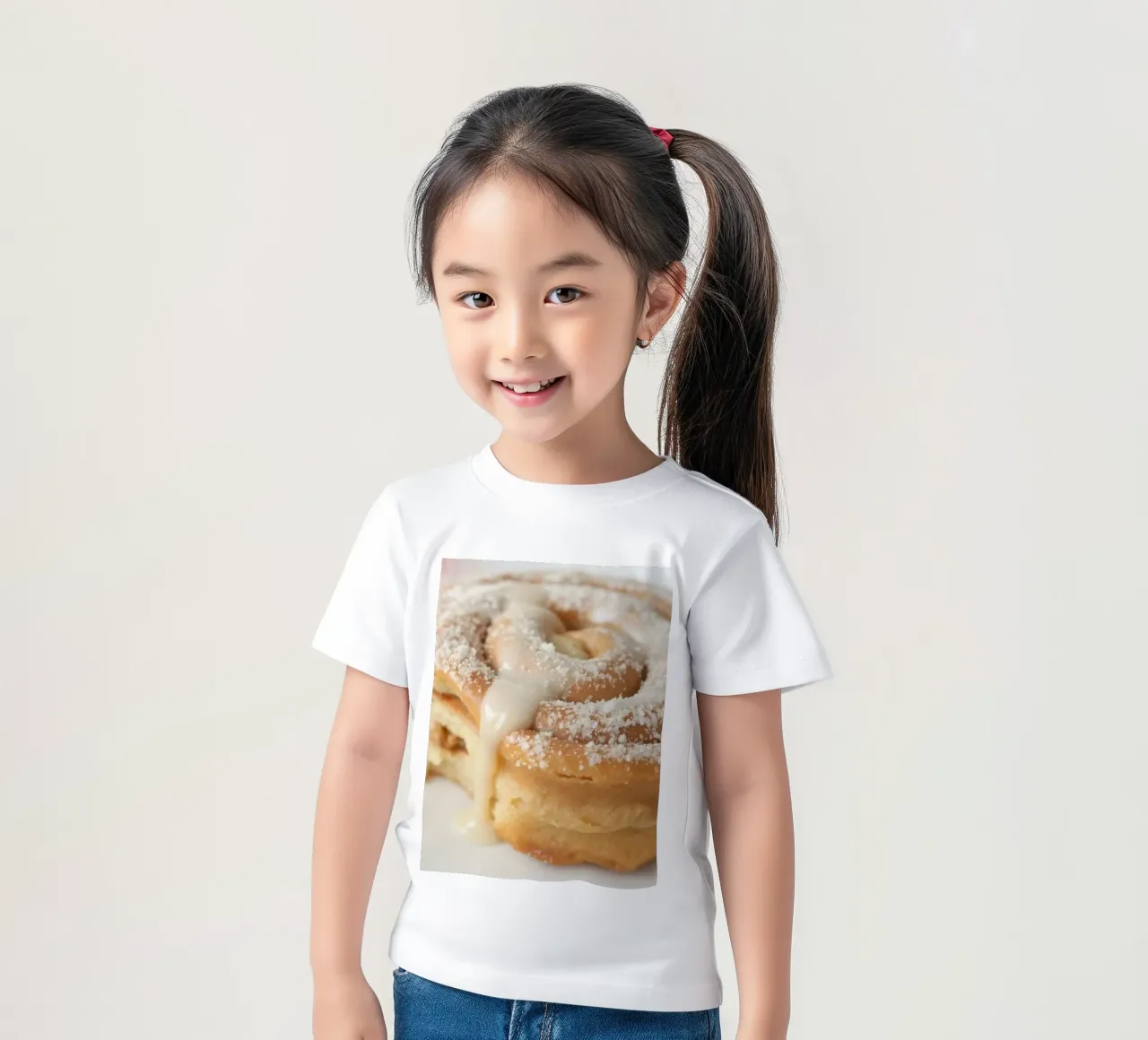Warm cinnamon roll with cream icing and powdered sugar on a kids t-shirt by DesignDoodle