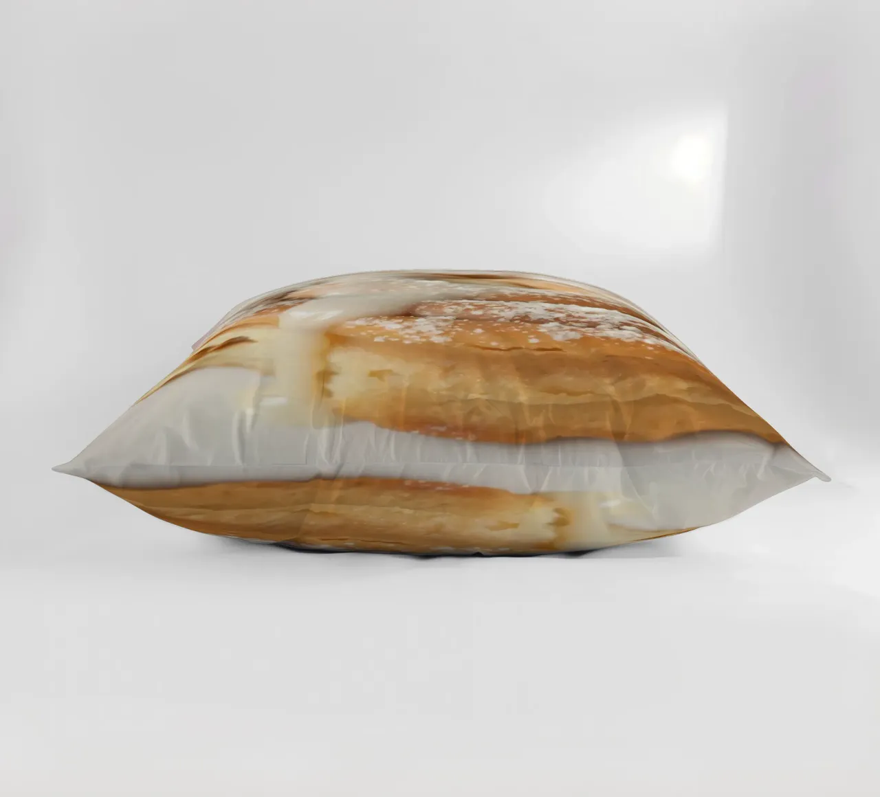 Warm cinnamon roll with cream icing and powdered sugar on a decorative cushion by DesignDoodle