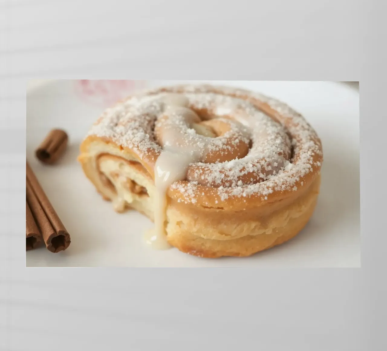 Warm cinnamon roll with cream icing and powdered sugar on a backlit film by DesignDoodle