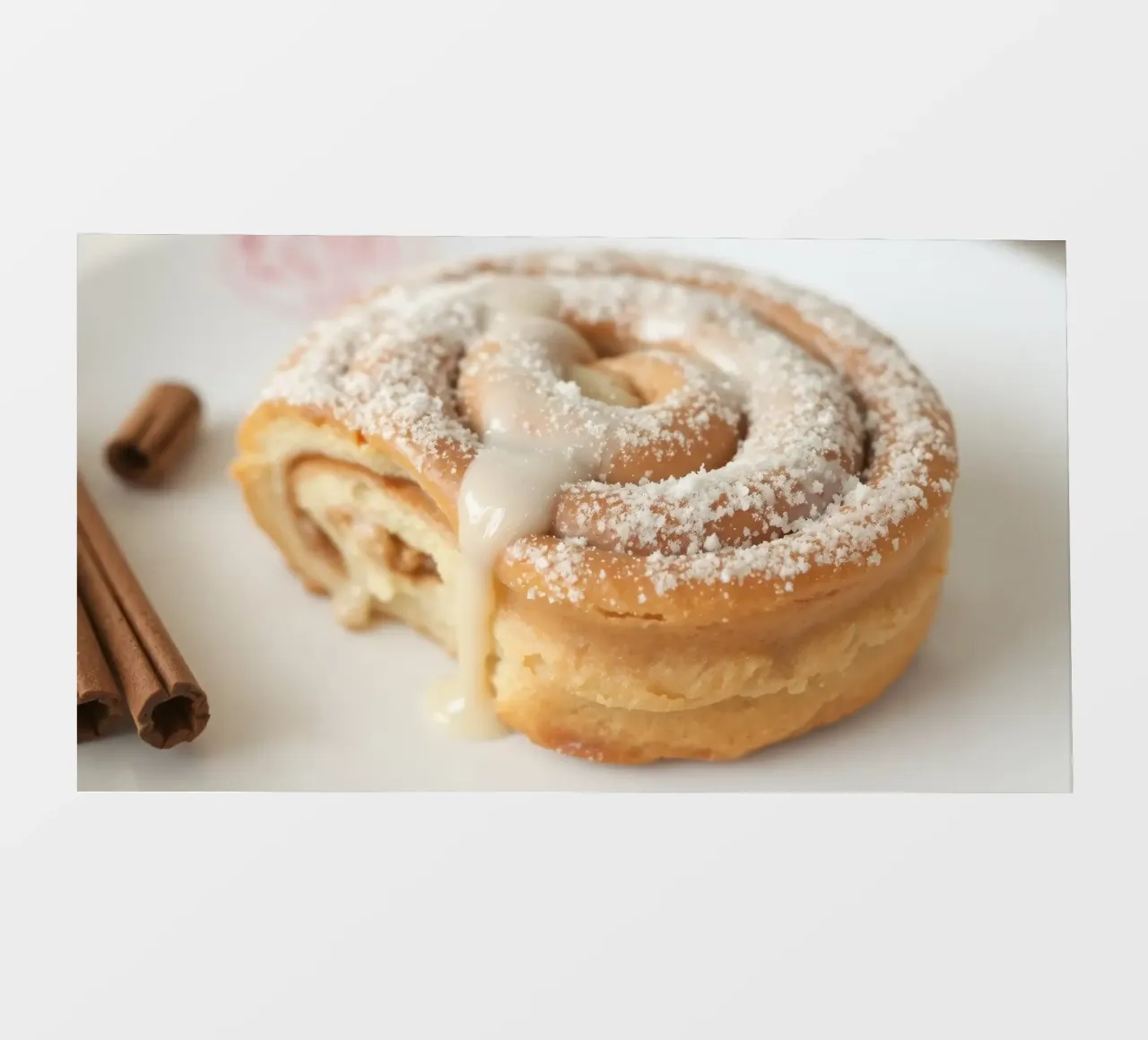 Warm cinnamon roll with cream icing and powdered sugar on a backlit film by DesignDoodle