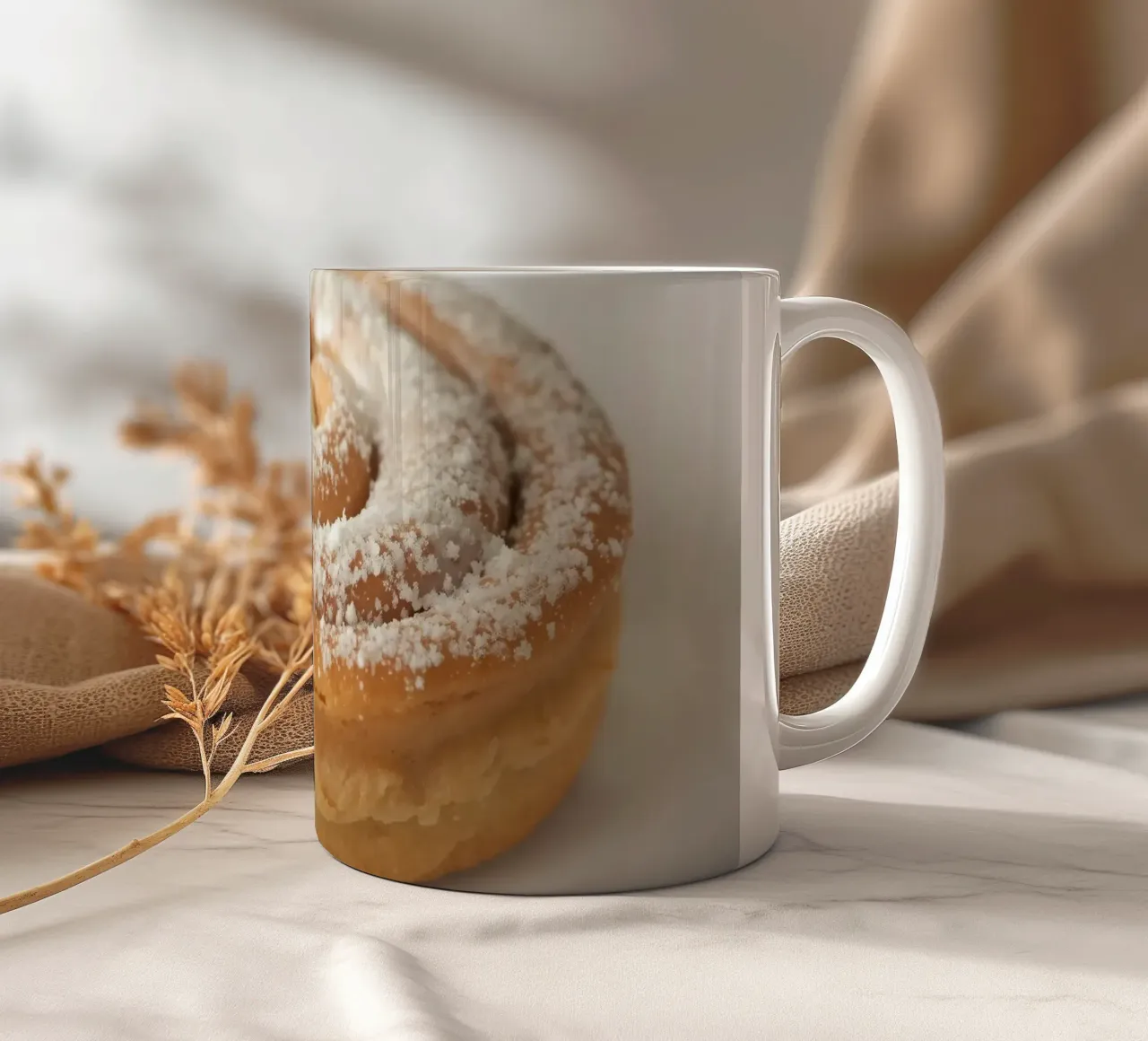 Warm cinnamon roll with cream icing and powdered sugar on a ceramic mug by DesignDoodle
