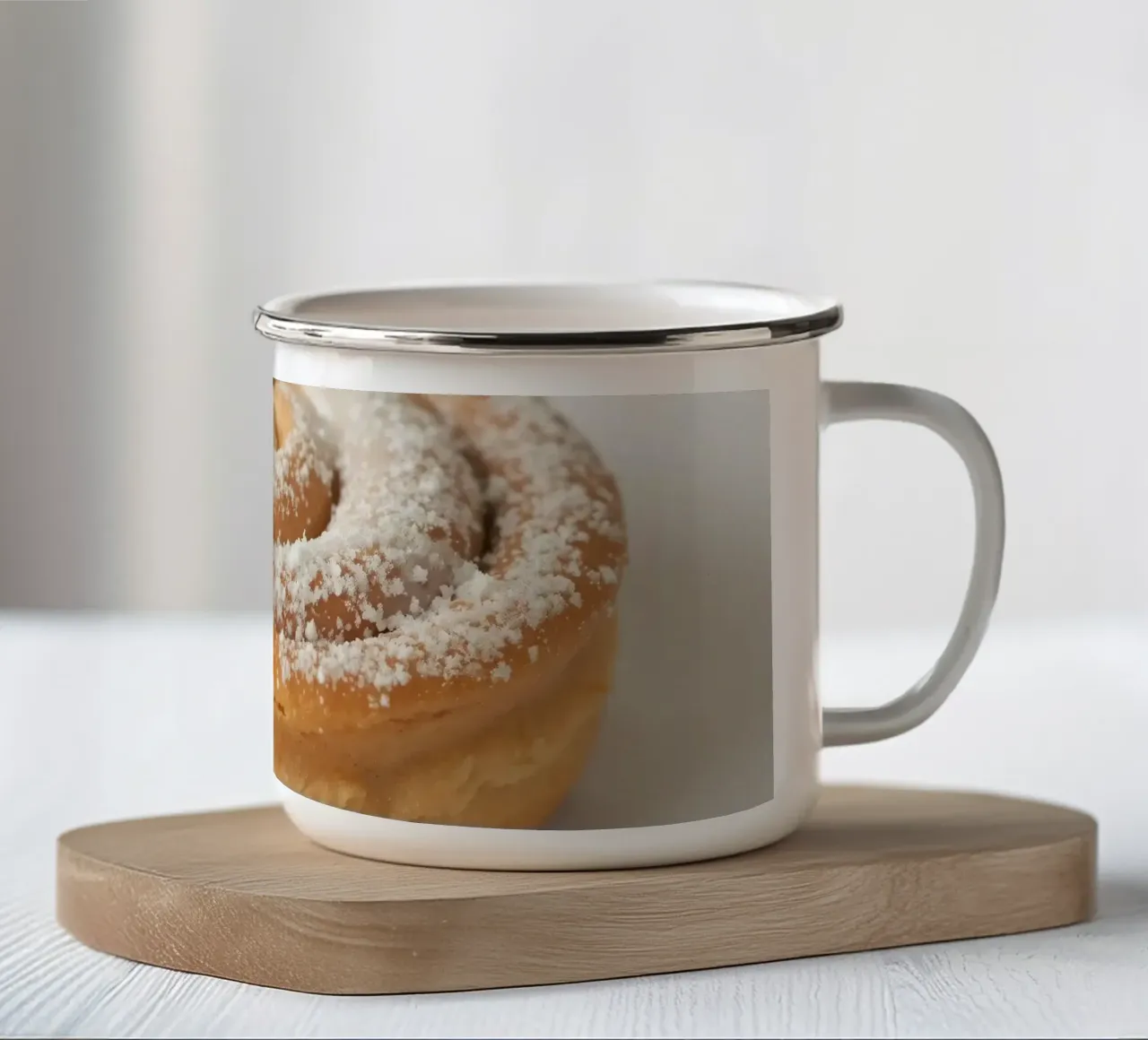 Warm cinnamon roll with cream icing and powdered sugar on a enamel mug by DesignDoodle