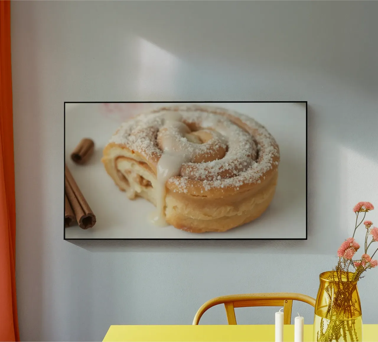 Warm cinnamon roll with cream icing and powdered sugar on a acrylic glass by DesignDoodle