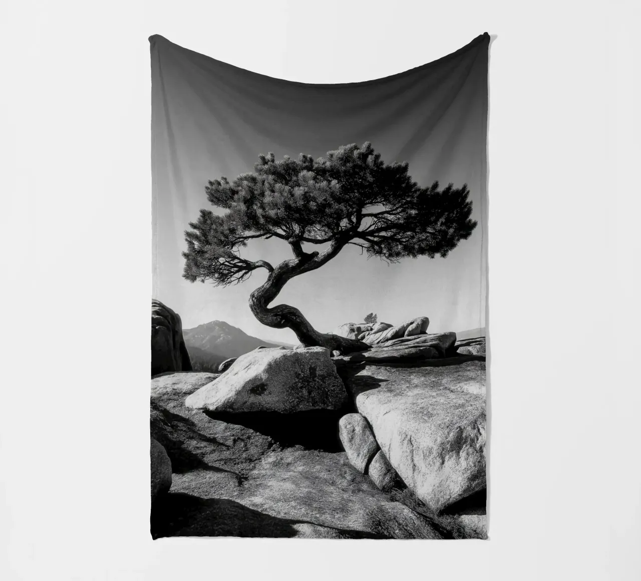 Albero in bianco e nero sulla cima di una montagna coperta in pile da Indigo Tides Art