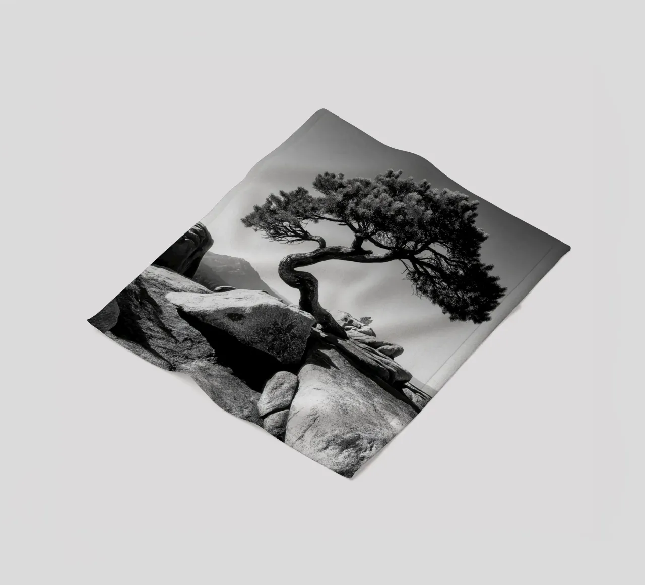 Albero in bianco e nero sulla cima di una montagna coperta in pile da Indigo Tides Art