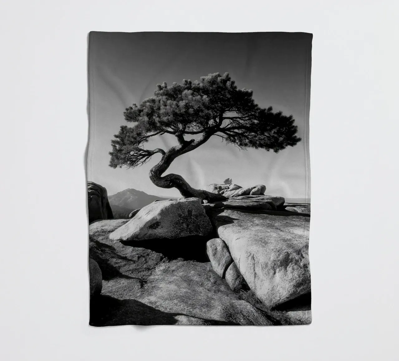 Albero in bianco e nero sulla cima di una montagna coperta in pile da Indigo Tides Art