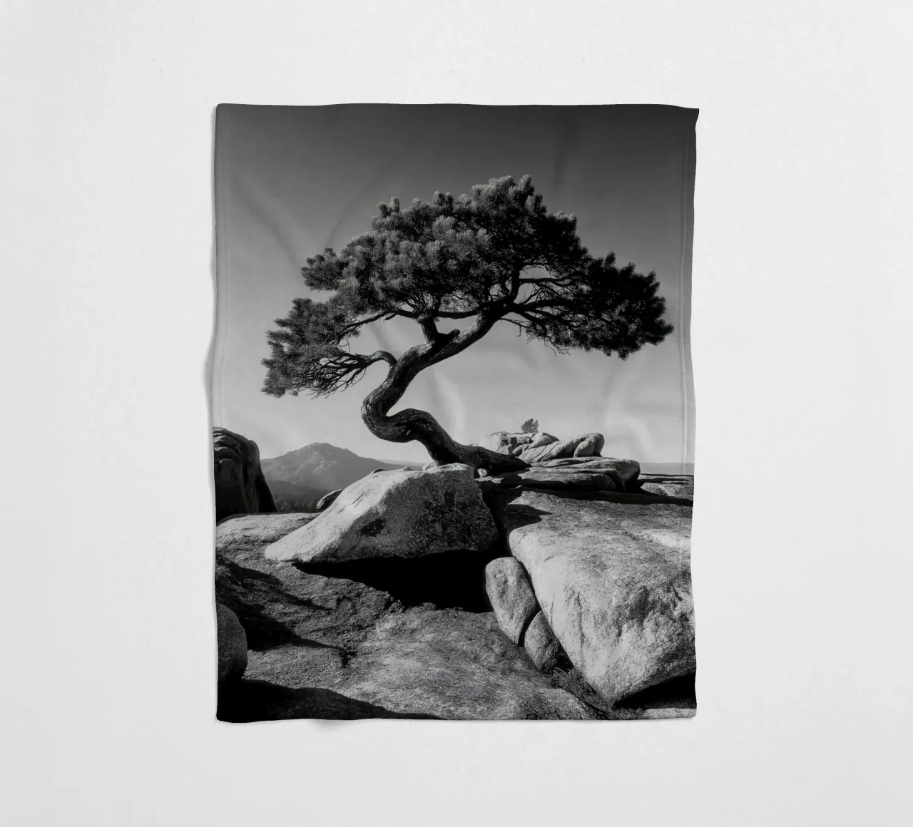 Albero in bianco e nero sulla cima di una montagna coperta in pile da Indigo Tides Art