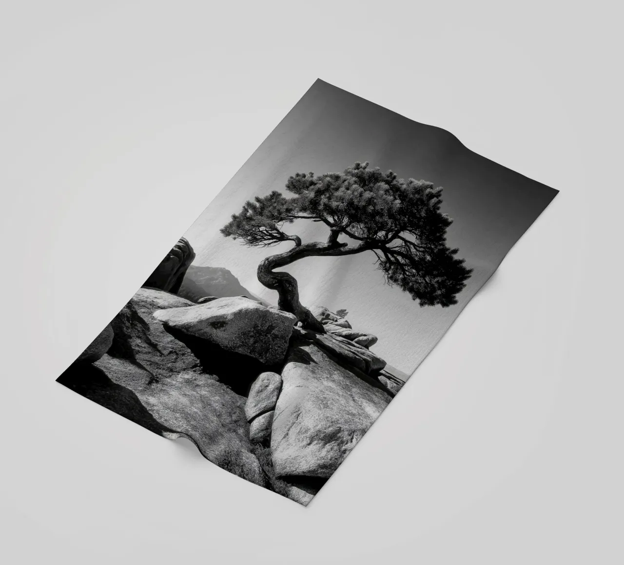 Albero in bianco e nero sulla cima di una montagna telo mare da Indigo Tides Art