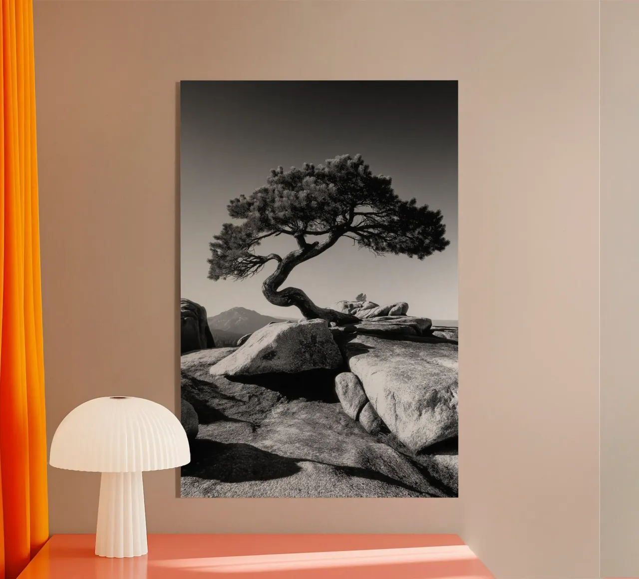 Albero in bianco e nero sulla cima di una montagna plexiglass da Indigo Tides Art