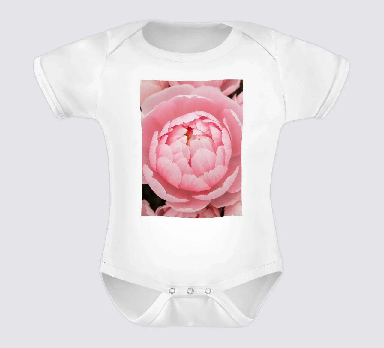 Wunderschöne rosafarbene Pfingstrosen in voller Blüte, die zarte Kunstwerke präsentieren Kurzarm Babybody von DesignDoodle