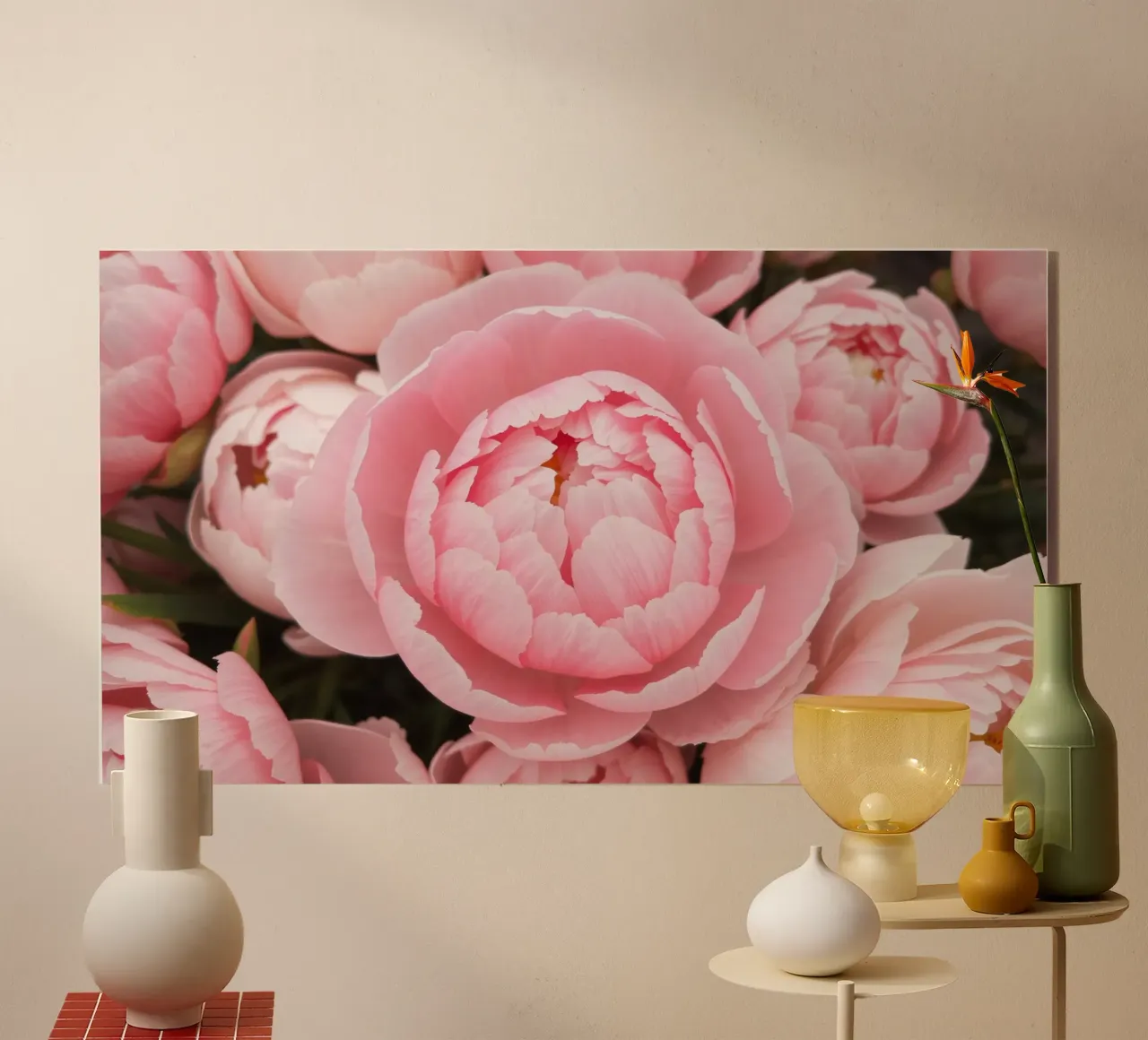 Wunderschöne rosafarbene Pfingstrosen in voller Blüte, die zarte Kunstwerke präsentieren Acryl-Glas von DesignDoodle