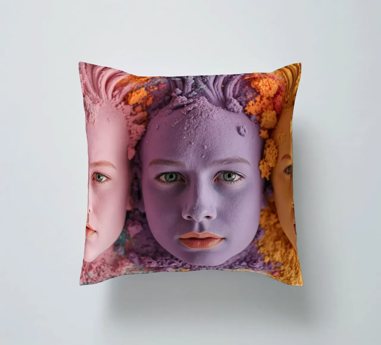 Colorful powders artistic expression with faces covered decorative cushion by DesignDoodle