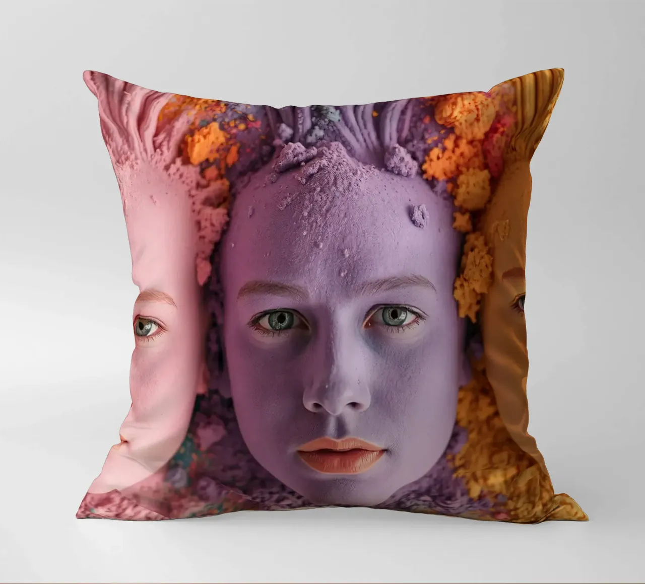 Colorful powders artistic expression with faces covered decorative cushion by DesignDoodle