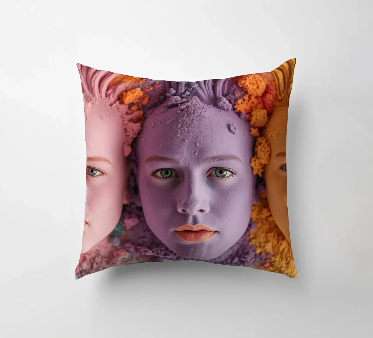 Colorful powders artistic expression with faces covered decorative cushion by DesignDoodle