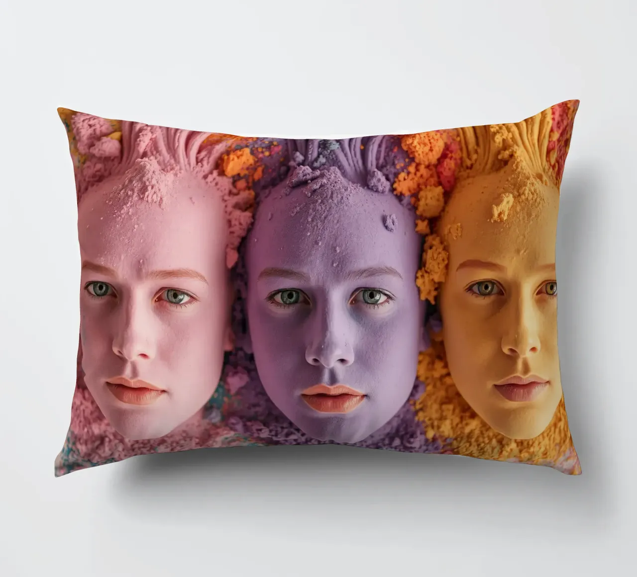 Colorful powders artistic expression with faces covered decorative cushion by DesignDoodle