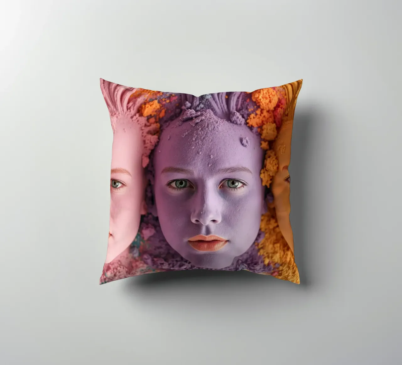 Colorful powders artistic expression with faces covered decorative cushion by DesignDoodle