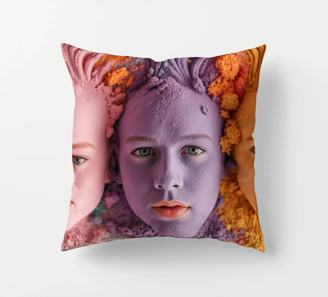 Colorful powders artistic expression with faces covered decorative cushion by DesignDoodle